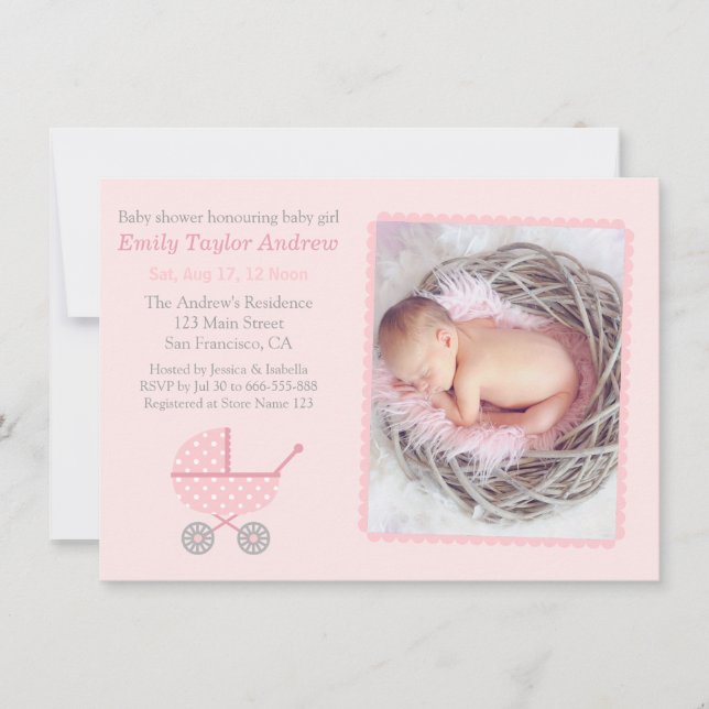 Pink Chevron Stroller Photo Baby Girl Shower Invitation (Front)