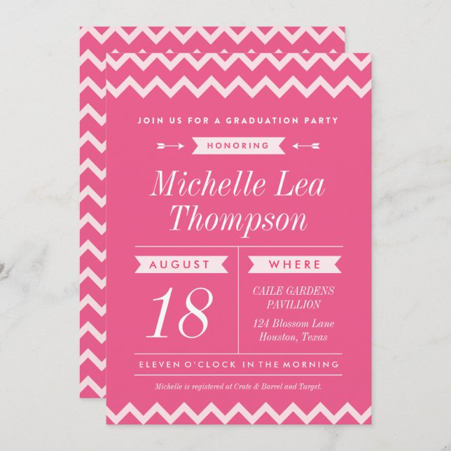 Pink Chevron Stylish Graduation Party Invitations (Front/Back)