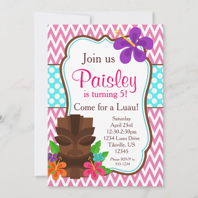Pink Chevron, Tiki Man Luau Birthday Party Invitation (Front)