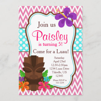 Pink Chevron, Tiki Man Luau Birthday Party Invitation