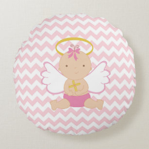 Pink Chevron with Baby Angel Round Cushion