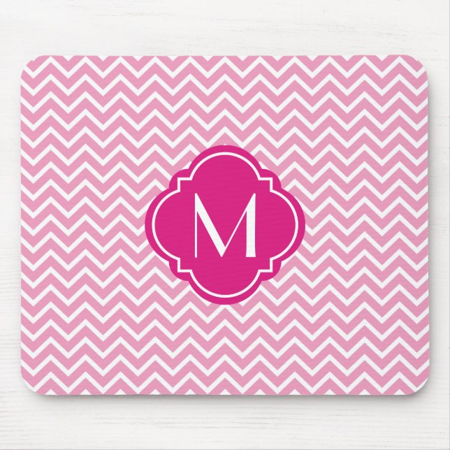 Pink Chevron Zigzag Stripes with Monogram Mouse Pad (Front)