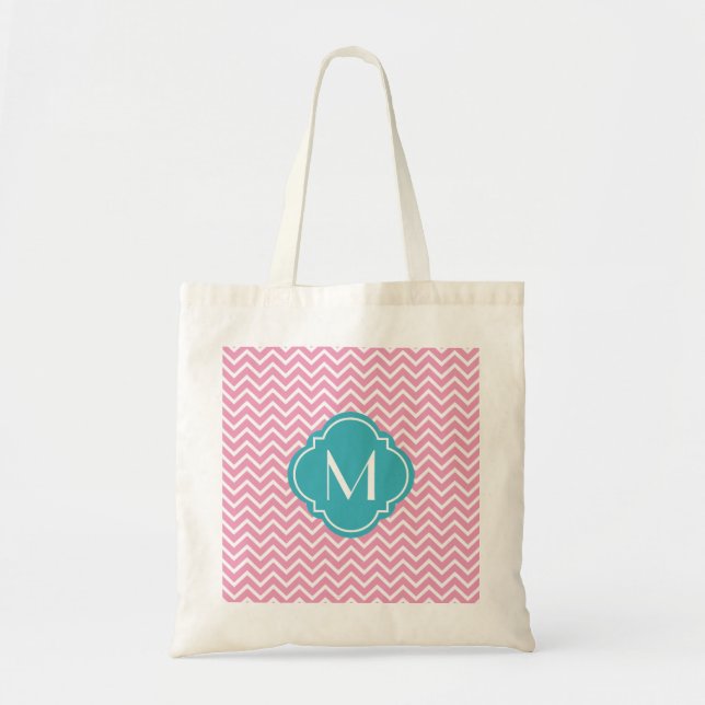 Pink Chevron Zigzag Stripes with Monogram Tote Bag (Front)