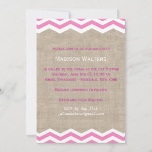 Pink Chevrons on Burlap Bat Mitzvah Invitation