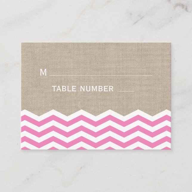 Pink Chevrons on Burlap Place Card (Front)