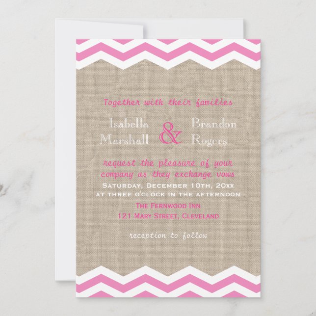 Pink Chevrons on Burlap Wedding Invitation (Front)