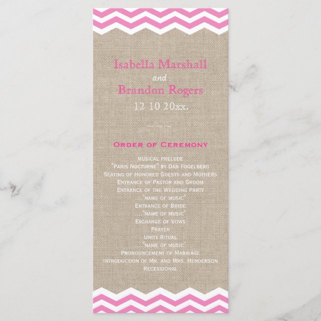 Pink Chevrons on Burlap Wedding Program (Front)