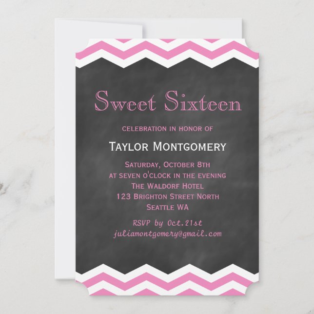 Pink Chevrons on Chalkboard Sweet Sixteen Invite (Front)
