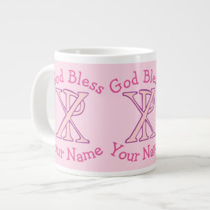 Pink Chi Ro Christian Cross on Pink Personalised Large Coffee Mug