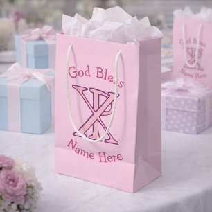 Pink Chi Ro Christian Cross on Pink Personalised  Small Gift Bag