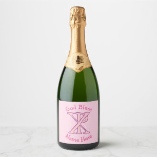Pink Chi Ro Christian Cross on Pink Personalised Sparkling Wine Label
