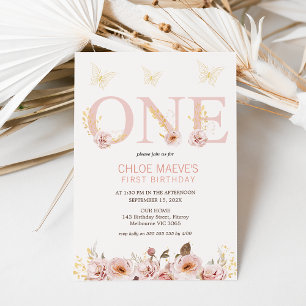 Pink Chic Boho Floral Butterflies 1st Birthday Invitation