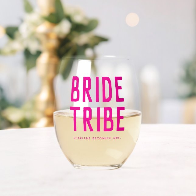 Pink Chic Bride Tribe Bridal Shower Stemless Wine Glass (Insitu (Wedding))