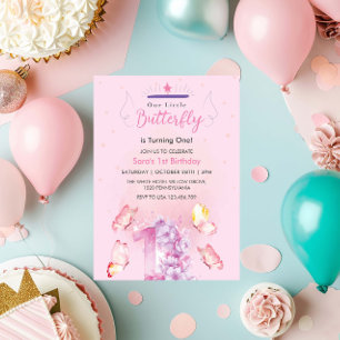 Pink Chic First 1st Birthday Floral, Butterfly Invitation