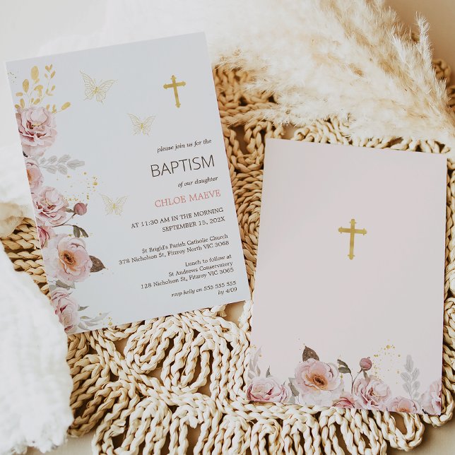 Pink Chic Floral Butterfly Christening Baptism  Invitation (Pink chic floral butterflies baptism or christening invitation with gold cross. )