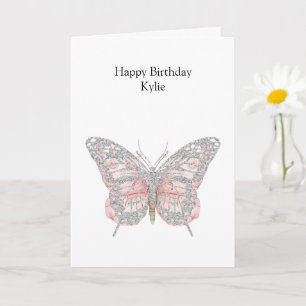 Pink Chic Silver Butterfly Birthday Card