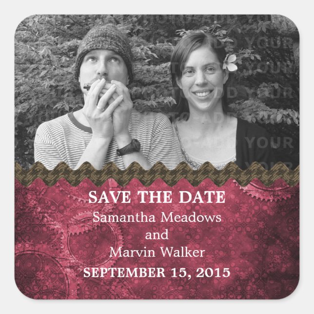 Pink Chic Steampunk Photo Save the Date Stickers (Front)