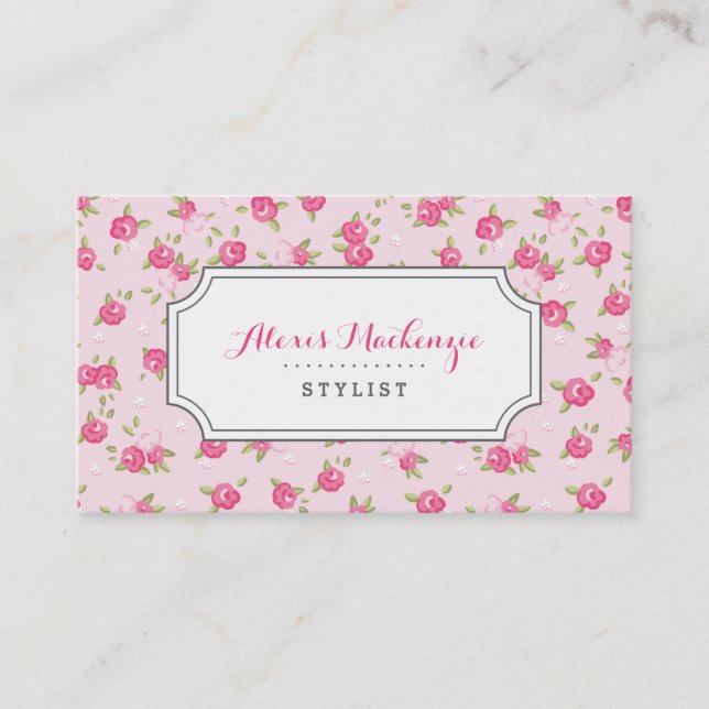Pink Chic Vintage Floral Print Business Card (Front)