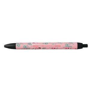 Pink   Chic Watercolour Floral Personalised  Black Ink Pen