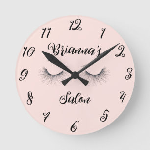 Pink Chic Wispy Eyelashes Salon Personalised Round Clock