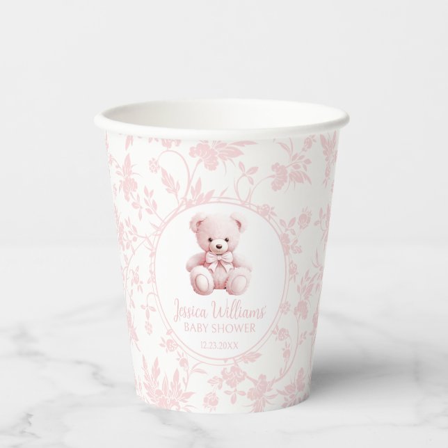 Pink chick teddy bear baby girl shower paper cups (Front)