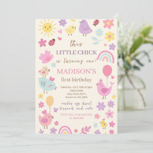 Pink Chicken 1st Birthday Party Invitation
