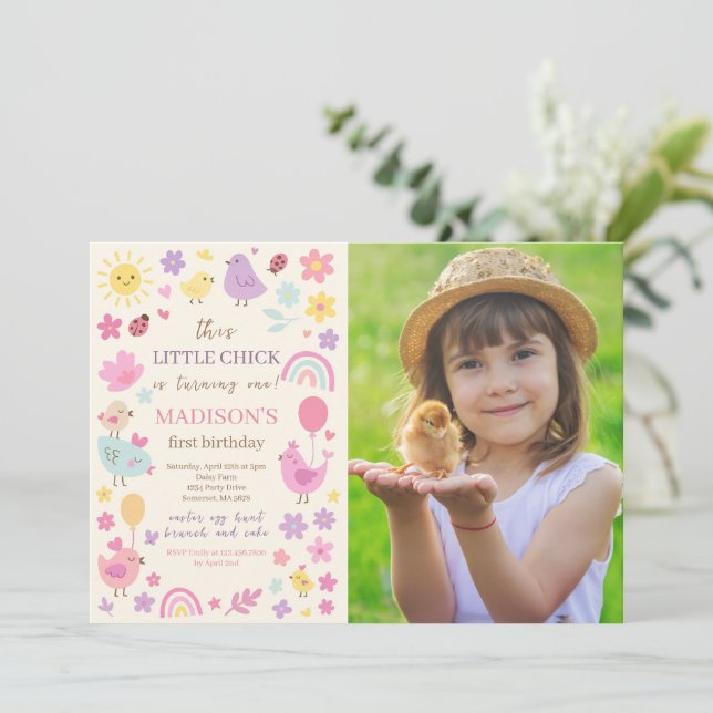 Pink Chicken 1st Birthday Party Photo Invitation (Standing Front)