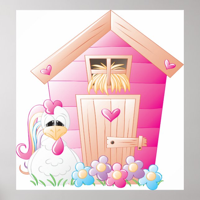 Pink Chicken Coop And Flowers Poster (Front)