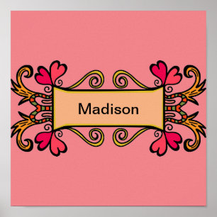Pink Child's Name Girly Heart Cute For Kids Room Poster