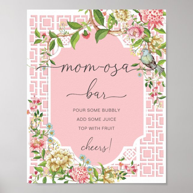 Pink Chinoiserie Baby Shower Mum-osa Bar Sign (Front)