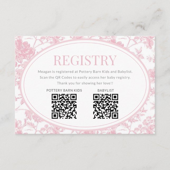 Pink Chinoiserie Baby Shower Registry Card QR Code (Front)