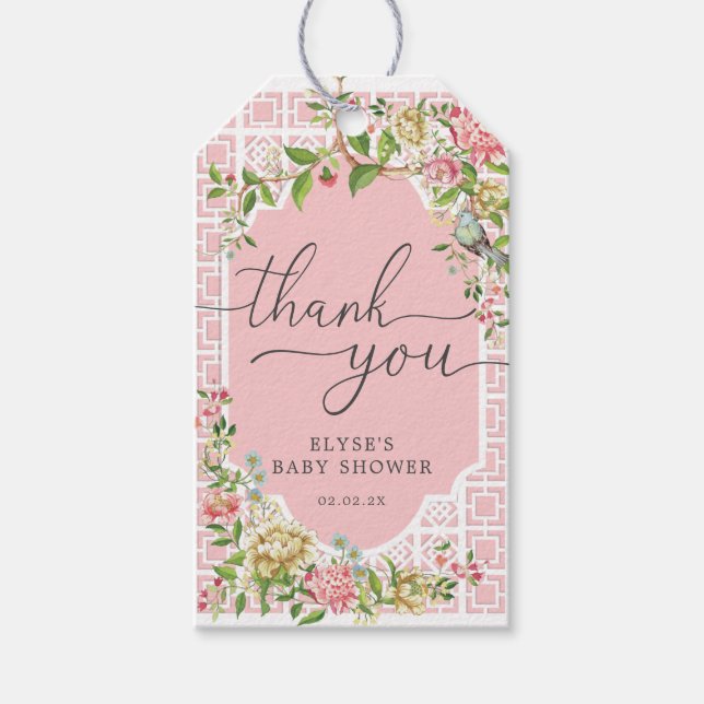 Pink Chinoiserie Baby Shower Thank You Favour Tag (Front)
