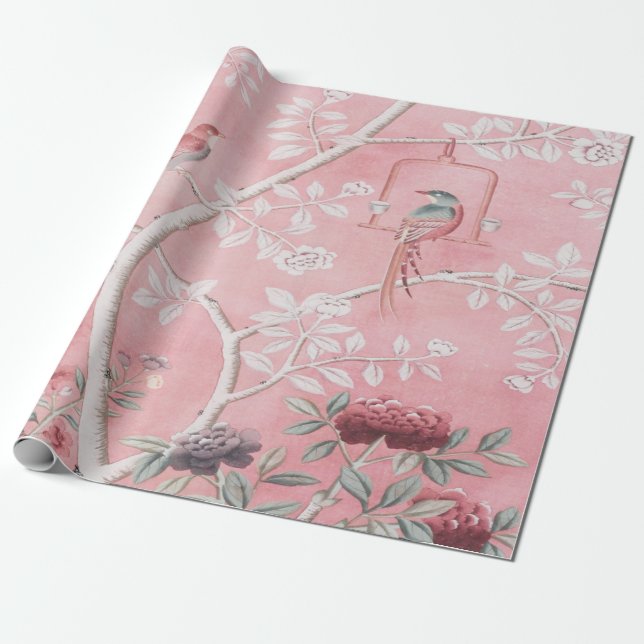 Pink Chinoiserie Bird Decoupage Wrapping Paper (Unrolled)