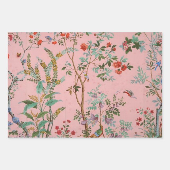 Pink Chinoiserie Bird Floral Decoupage Gift Wrapping Paper Sheet (Front)
