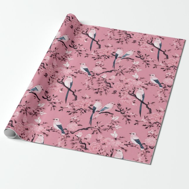 Pink Chinoiserie bird floral decoupage Wrapping Paper (Unrolled)
