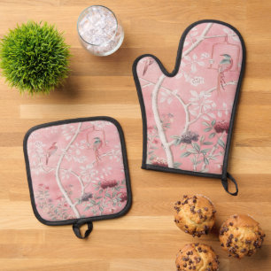 Pink Chinoiserie Bird Floral Elegant Oven Mitt & Pot Holder Set