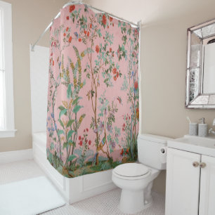 Pink Chinoiserie Bird Floral Elegant  Shower Curtain