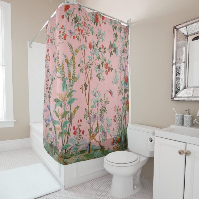 Pink Chinoiserie Bird Floral Elegant  Shower Curtain (In Situ)