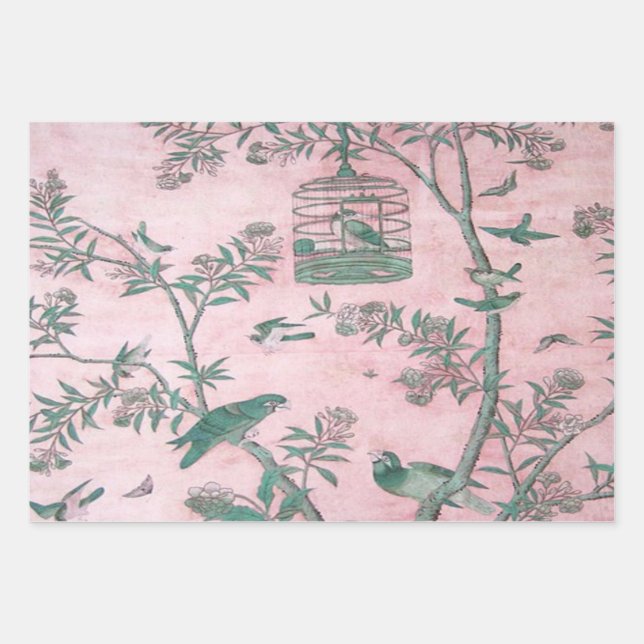 Pink Chinoiserie Bird Wrapping Paper Sheets  (Front)