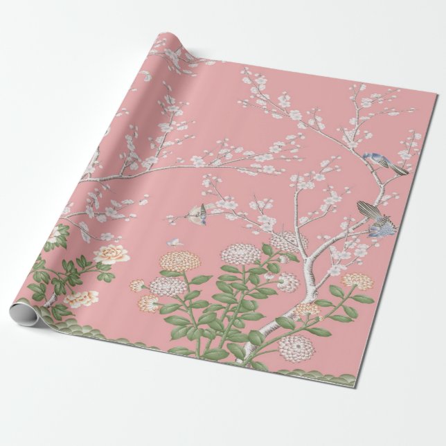 Pink Chinoiserie Decoupage Wrapping Paper (Unrolled)