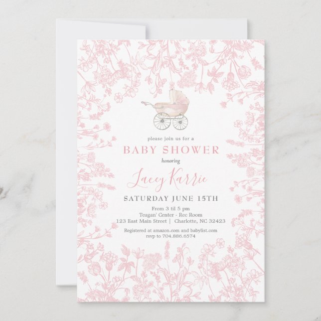 Pink Chinoiserie floral baby Shower Invitation, Invitation (Front)
