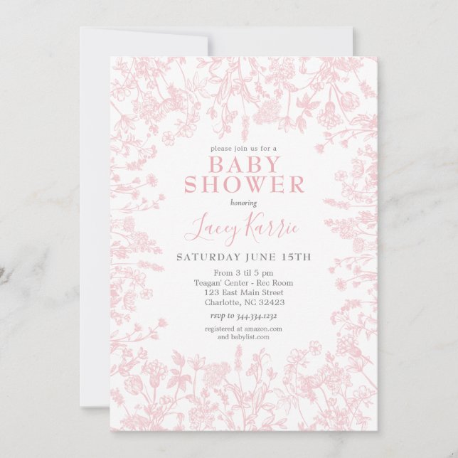 Pink Chinoiserie Floral baby Shower Invitation,  Invitation (Front)
