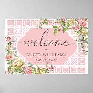 Pink Chinoiserie Floral Baby Shower Welcome Sign