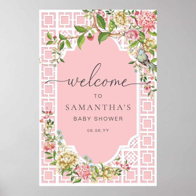 Pink Chinoiserie Floral Baby Shower Welcome Sign (Front)