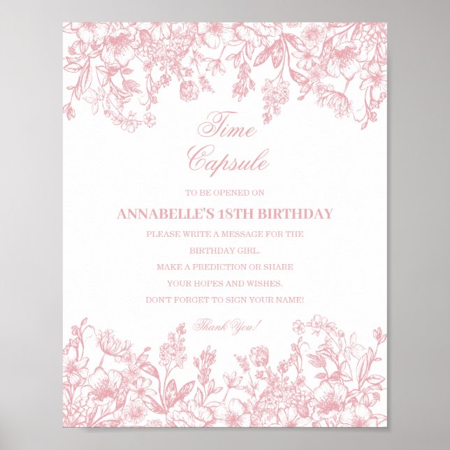 Pink Chinoiserie Floral Time Capsule Baby Birthday Poster (Front)