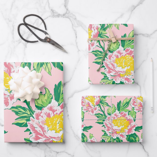 Pink Chinoiserie Floral  Wrapping Paper Sheet (Front)