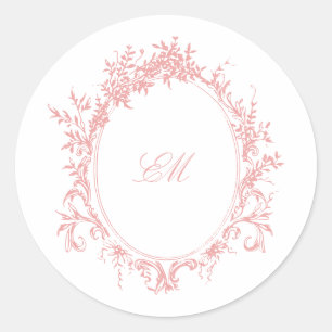 Pink Chinoiserie Monogram Crest Wedding Logo Classic Round Sticker