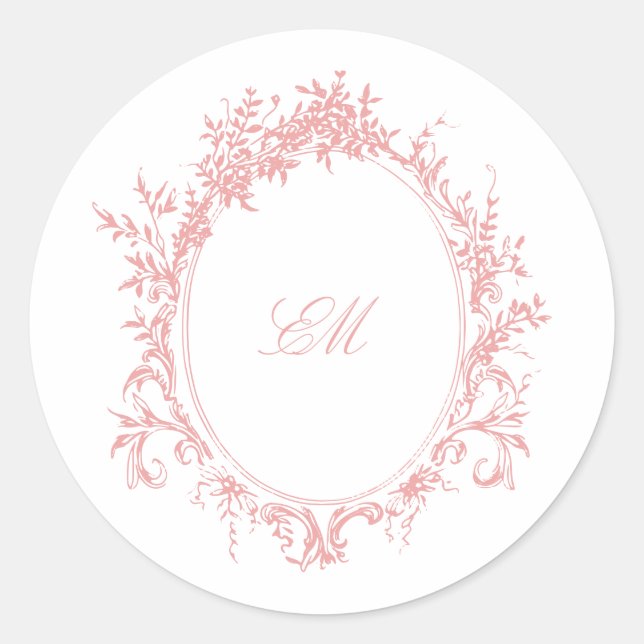 Pink Chinoiserie Monogram Crest Wedding Logo Classic Round Sticker (Front)
