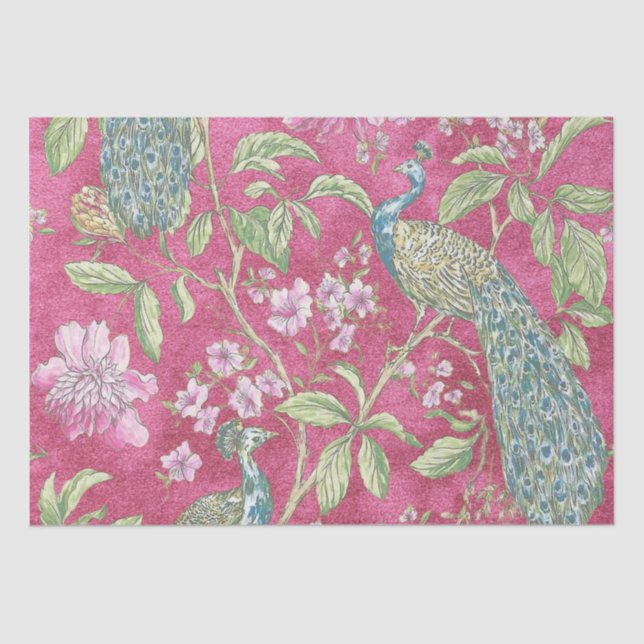 Pink Chinoiserie peacock floral decoupage Tissue Paper (Front)