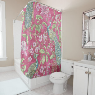 Pink Chinoiserie peacock floral  Shower Curtain